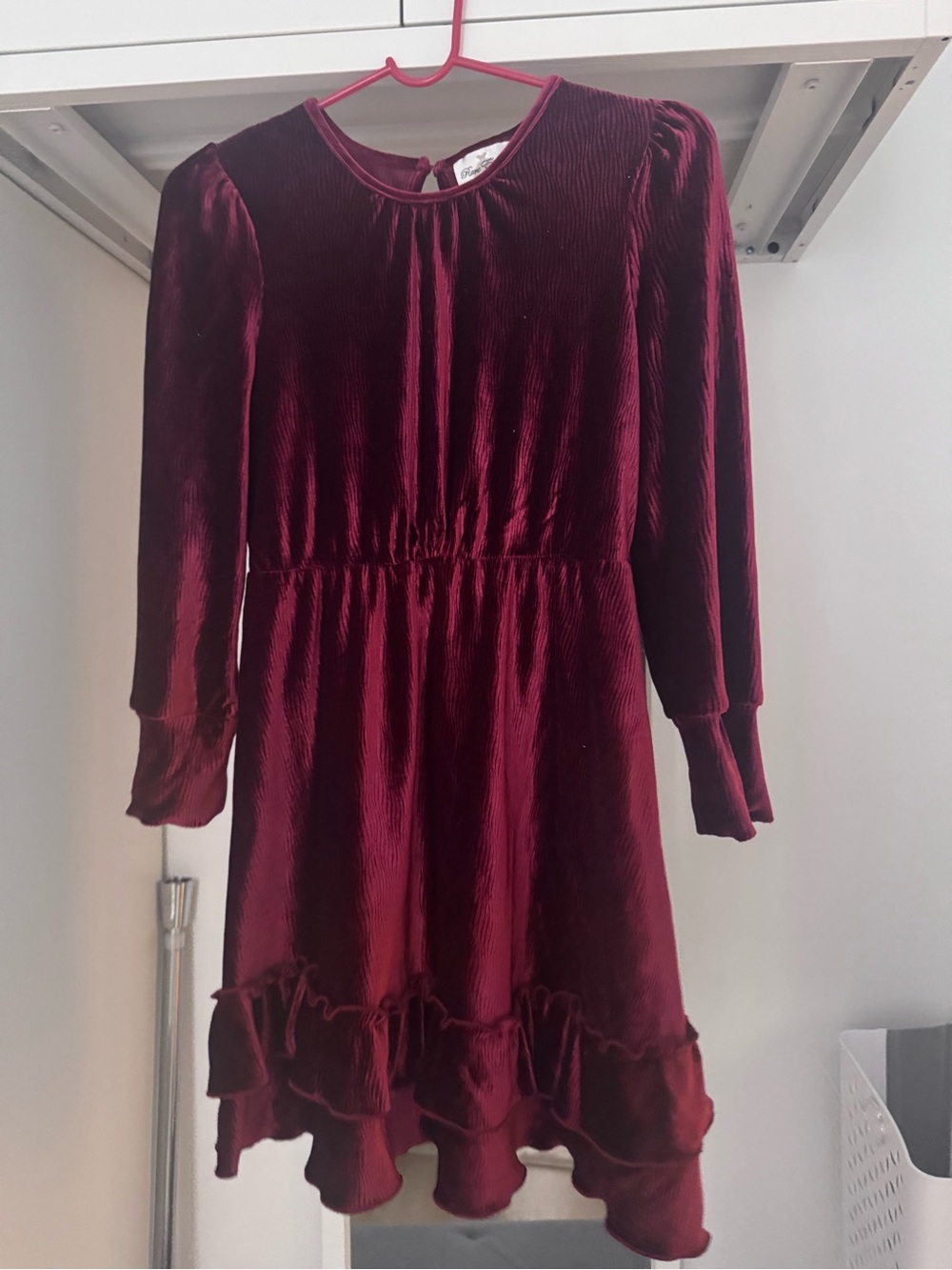 Rare Editions Big Girls Burgundy Velvet Holiday Ruffle Trim Dress Size 12